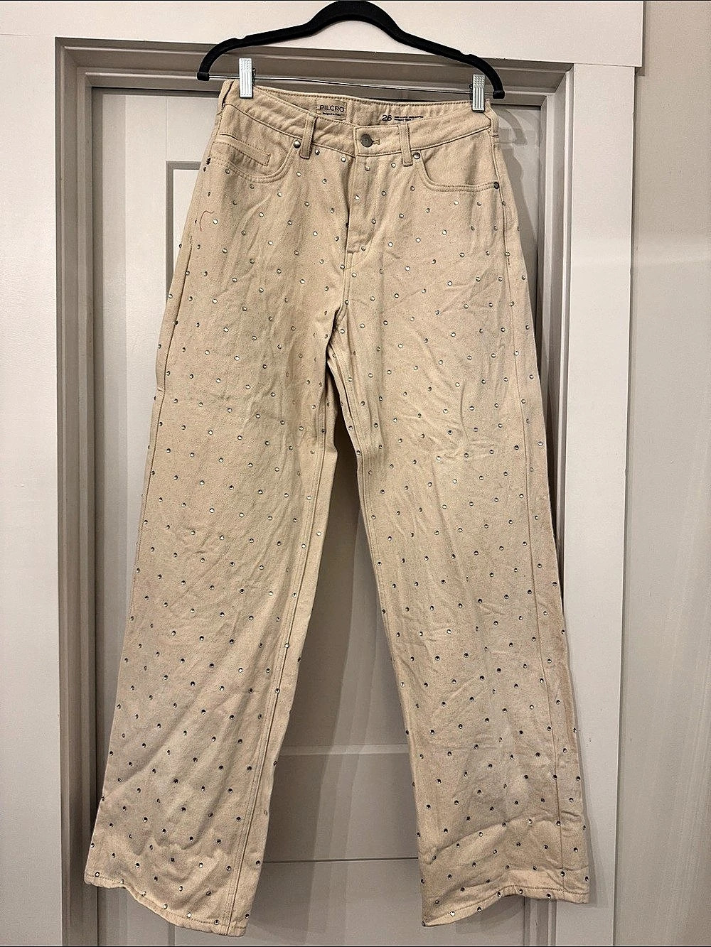 PILCRO Sparkle Relaxed Cuff Jeans Straight Leg Jeans Beige Waist 26